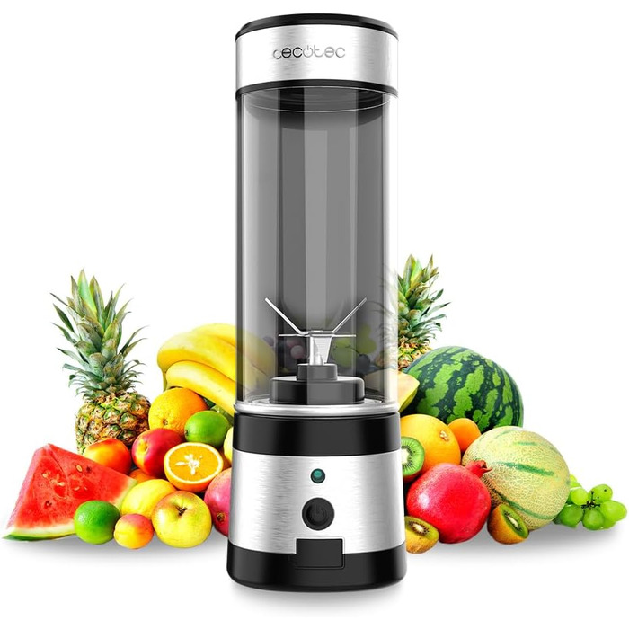 Cecotec Portable Single Blender Power Titanium 300 EasyGo - 350W Ice Crusher with Titanium-Coated Blades, 2 Cooling Tubes, 2 Travel Cups & Lids