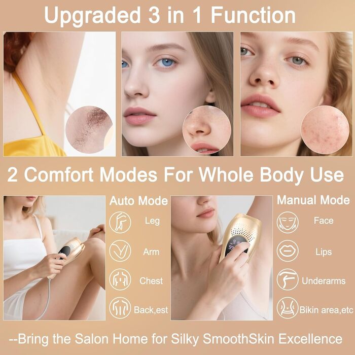 IPL пристрій для епіляції з охолодженням сапфіром – 3-в-1 для жінок та чоловіків, 999 999 імпульсів, 9 рівнів інтенсивності, для обличчя, під пахвами, на ногах та в зоні бікіні Silver