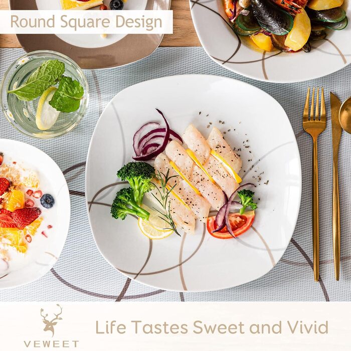 VEWEET Набір посуду 'Нікіта' з порцеляни, 24 елементи | Сервіз включає миски, десертні тарілки, тарілки для їжі та супові тарілки | Сервіз для 4-12 осіб (48-елементний набір посуду)