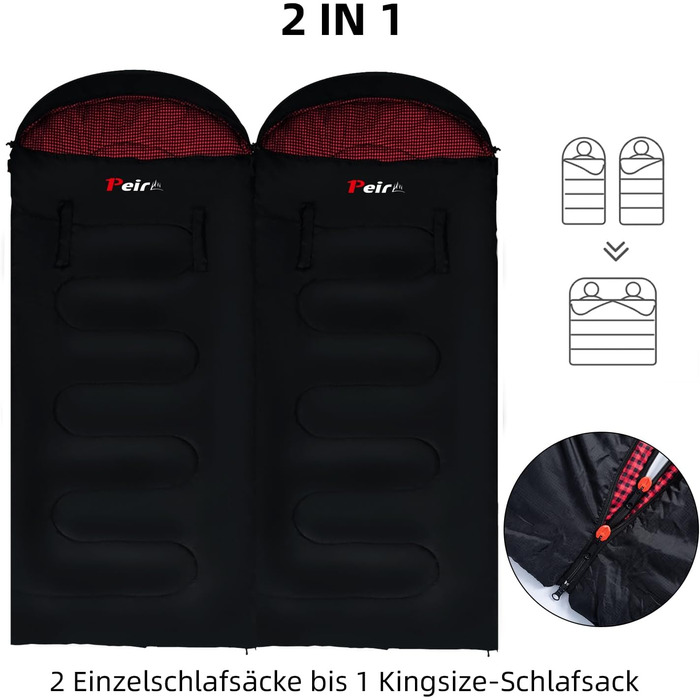 Спальний мішок для дорослих – широка прямокутна модель на 3 сезони з кишенею та сумкою для перенесення, 300 г/м² бавовна, водонепроникний, для кемпінгу, дому та відпочинку на природі, блискавка з правого боку