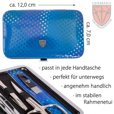 Набір манікюру DREI SCHWERTER 'Genova' 6 предметів | Німецький манікюрний набір у чорному еко-шкіряному футлярі | Вміст: кусачки для нігтів, ножиці для кутикули, пінцет, стеклянна пилка для нігтів, сапфірова пилка для нігтів (Sterne Blau)