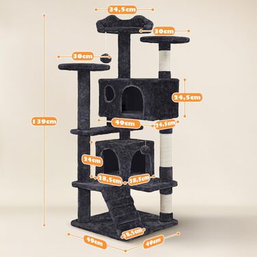 Кігтеточка-кольоротка Yaheetech 139 см, стабільна з 3 платформами, 3 стовпчиками, 2 печерами, плюшеві кульки, чорний колір