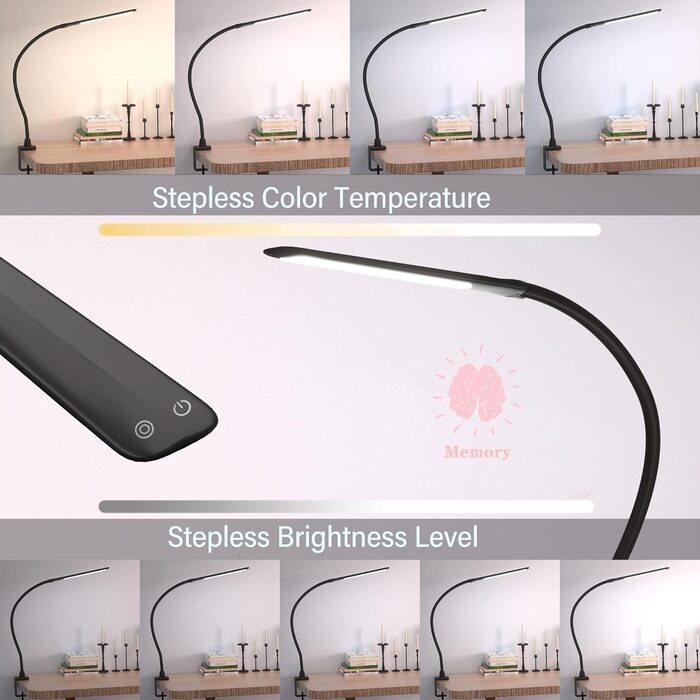 Настільна лампа HOKONE LED з клемою, димер, 4 кольори, 10 рівнів яскравості, гнусий «лебединий шия», 360° регулювання, для офісу, чорна T7-schwarz