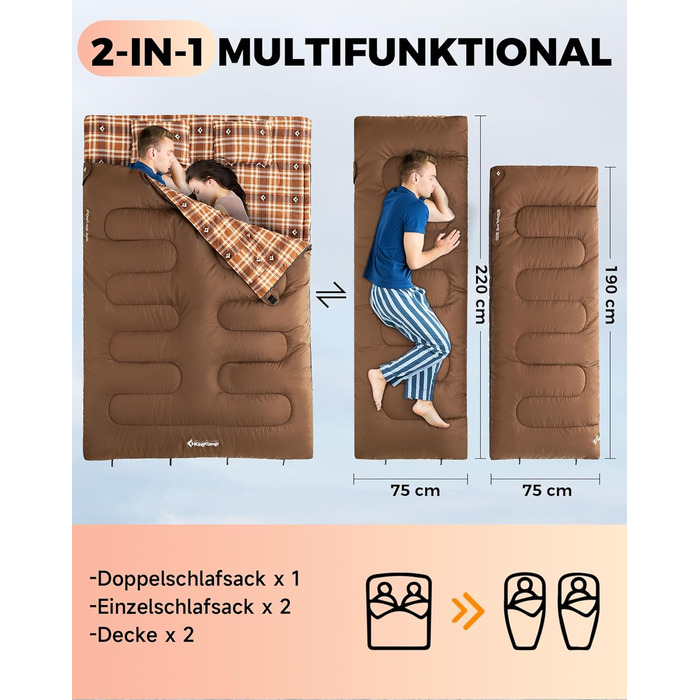 Спальний мішок KingCamp для 2 осіб з фланелі, зимовий, теплий, 3-4 сезони, з 2 подушками, для кемпінгу, подорожей та активного відпочинку на природі