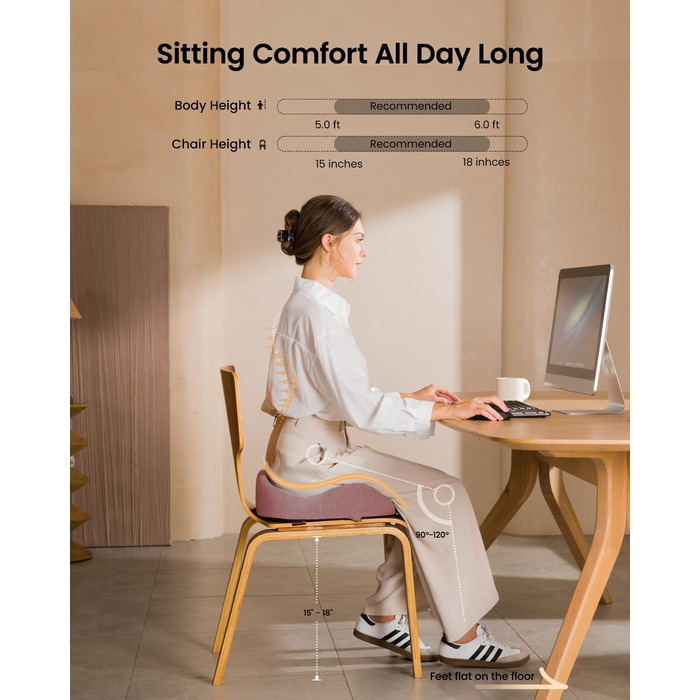 Ортопедична подушка для сидіння ProtoArc для офісного крісла: ергономічна, з піною Memory Foam, для рівномірного розподілу тиску, для комфорту протягом дня (роликове крісло, автомобіль) (Рожевий, Великий)