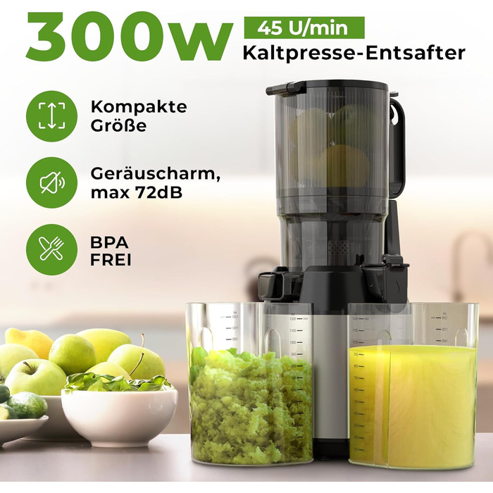 Balter Slow Juicer, Large 108mm Opening, 250 Watts, Juicer for Vegetables and Fruits, Fruit Press, BPA Free, Quiet