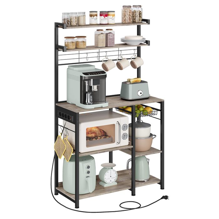 Полиця кухонна VASAGLE з розетками, стелаж для мікрохвильової печі, 8 гачків S-подібної форми, кухонний шафчик, органайзер для спецій, 40 x 90 x 165,5 см, коричневий вінтаж та чорний, KKS031K11