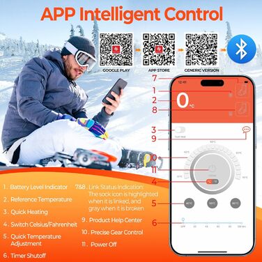 Гріючі шкарпетки для жінок та чоловіків з акумулятором 6000mAh, 9 годин роботи, керування через додаток, 4 режими нагріву, для катання на лижах, полювання, риболовлі, кемпінгу та активного відпочинку