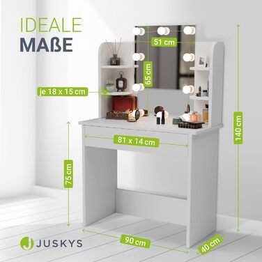 Туалетний столик Juskys Zoey з LED підсвіткою, дзеркалом, шухлядою, 3 відділеннями та шафкою, 90x38x137 см, білий, дерев'яний косметичний стіл