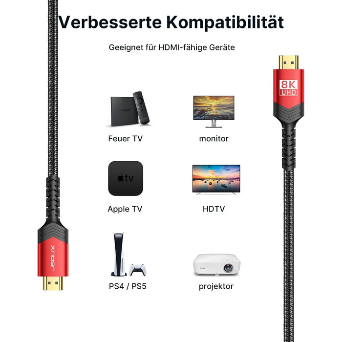 Кабель HDMI JSAUX 8K 3 метри (2 шт.) | 48Gbps, 8K@60Hz, 4K@120Hz, HDR10+, eARC, HDCP 2.2/2.3, Dolby Vision, сумісний з PS5, PS4, UHD TV, монітором - Червоний