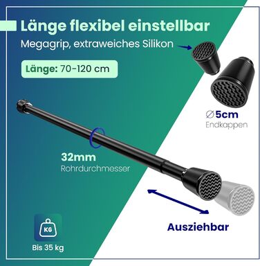 Штанга для штор без свердління – телескопічна штанга для штор, розтяжна – штанга для душу без свердління – штанга для штор, штанга для душу, вішалка для одягу, кріплення для сітки для котів (70-120 см, чорний)