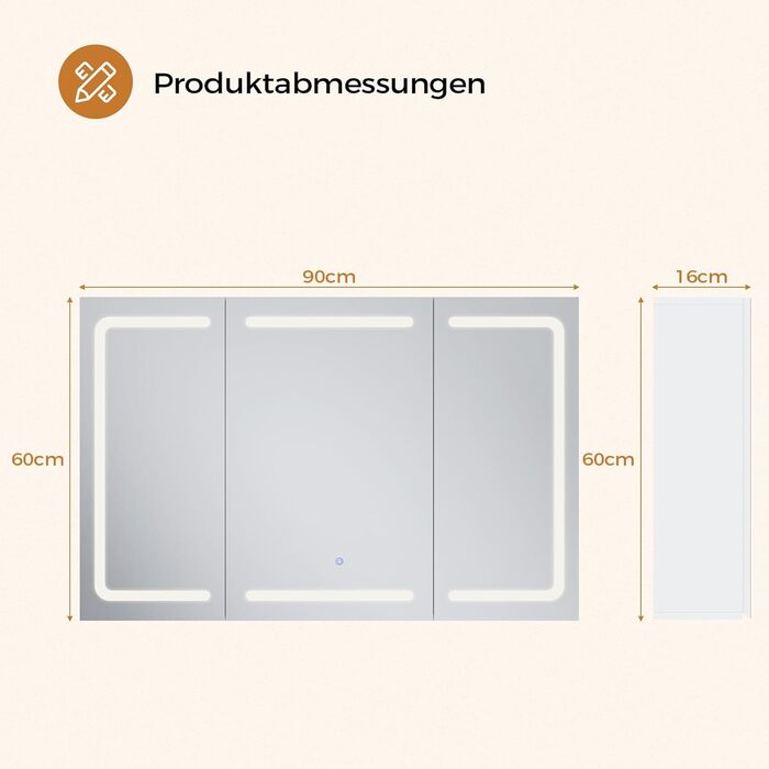 Дзеркало-шафка для ванної кімнати з LED-підсвічуванням, розеткою та 3 колірними температурами. Ванна шафка 60x90x16 см (ВxШxГ), з регулюванням яскравості + сенсорне керування. Біла дзеркальна шафка з 3 регульованими полицями та дзеркалом 60x90x16 см