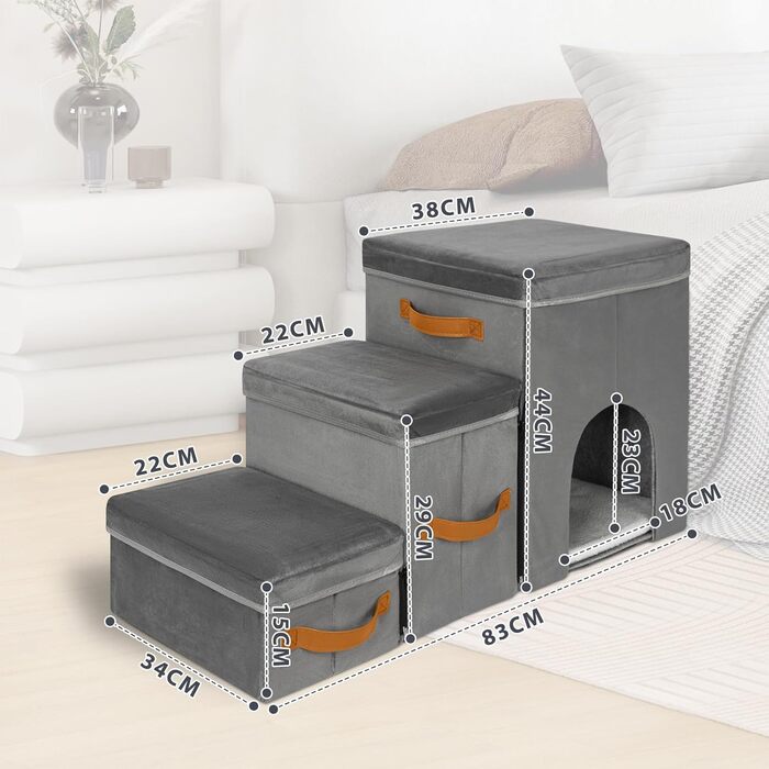 Сходинка для собак та котів Haustiertreppe, складана з місцем для відпочинку, сіра (3 сходинки, сіре гніздо)