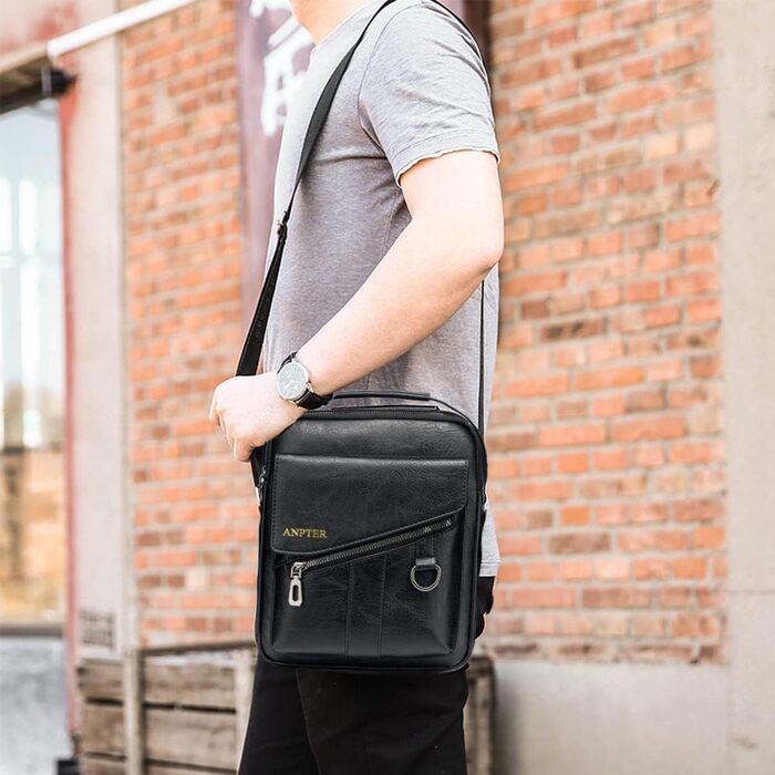 Чоловіча сумка на плече ANPTER з натуральної шкіри: стильна чоловіча сумка-месенджер, сумка через плече, кросбоді, вінтаж, чорна