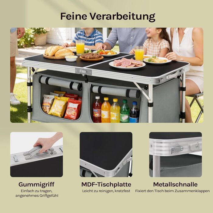 Складний алюмінієвий кемпінговий стіл-шафа WOLTU з регульованою висотою, чорно-сірий. Меблі для пікніка, пляжу, саду.