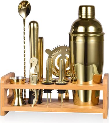 Набір шейкер для коктейлів Esmula 750 мл, 12 предметів, нержавіюча сталь, професійний барменський набір, стильний барний інструмент для дому, з рецептами коктейлів (Золотий)