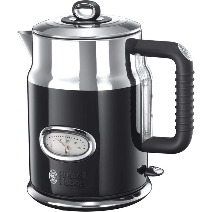 Russell Hobbs Kettle [1.7L, 2400W] Retro Black & Polished Stainless Steel (Quick Boil Function, Retro-Style Water Temperature Indicator, External Water Level Indicator) Vintage Teakettle 21671-70