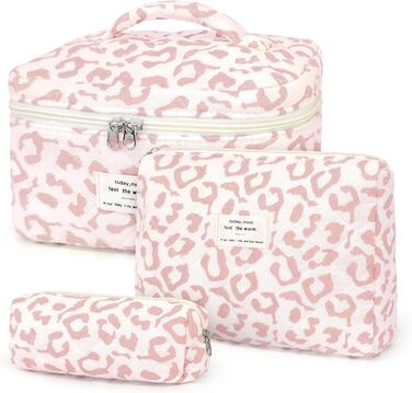 Набір косметичок для жінок: 3 шт. (рожевий леопард) - великі та маленькі, для макіяжу, подорожей, організації косметики