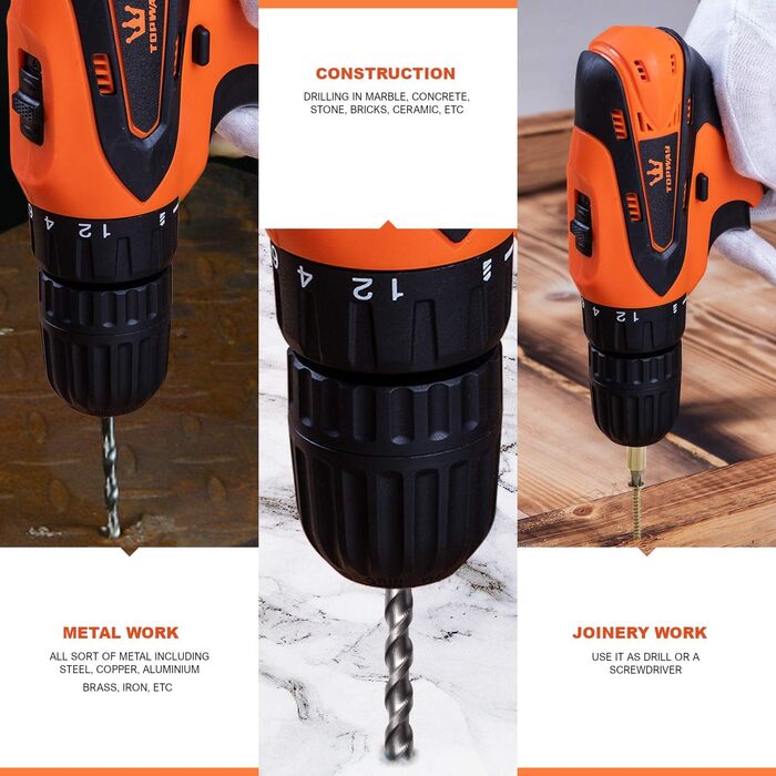 Акумуляторний дриль-шуруповерт TOPWAY 12V з акумулятором 1.3Ah, 10мм патрон, 2 швидкості, LED-підсвічування, для дому та DIY