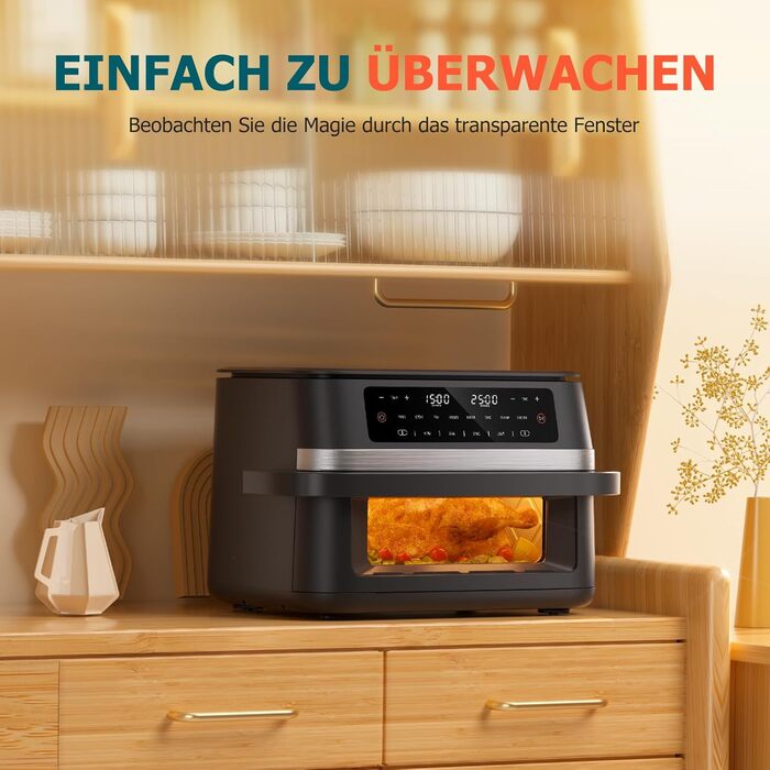 Електрична фритюрниця без олії, 12L, з подвійним відсіком, сенсорний екран, 10 програм, чорна