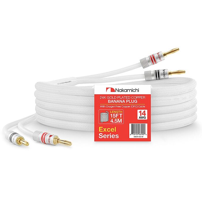 Акустичний кабель Nakamichi 12AWG з позолоченими банановими роз'ємами 24K, 3 метра, безкисневий мідний провід (OFC) в обплетенні, чорний — для домашнього кінотеатру та підсилювача