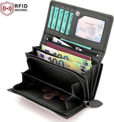 ekavale Wallet for Women, Long Wallet made of Cowhide Leather, Large Wallet for Women with Many Compartments, Zippered Card Holder for Women (Blue-Gray)