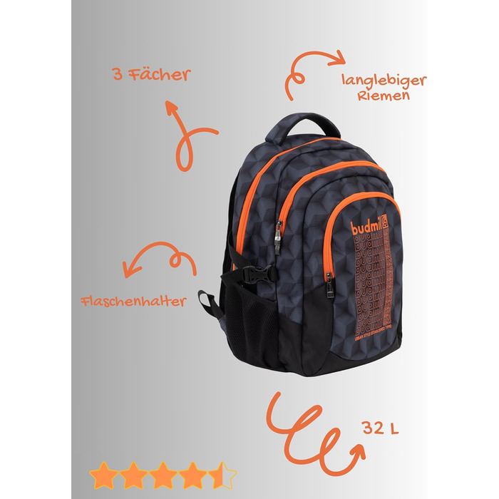 Ергономічний шкільний рюкзак Budmil для хлопчиків та дівчаток 32L - для підлітків та дітей від 5 класу - водонепроникний, з 3 відділеннями та вентильованою спинкою (Edwin Orange)