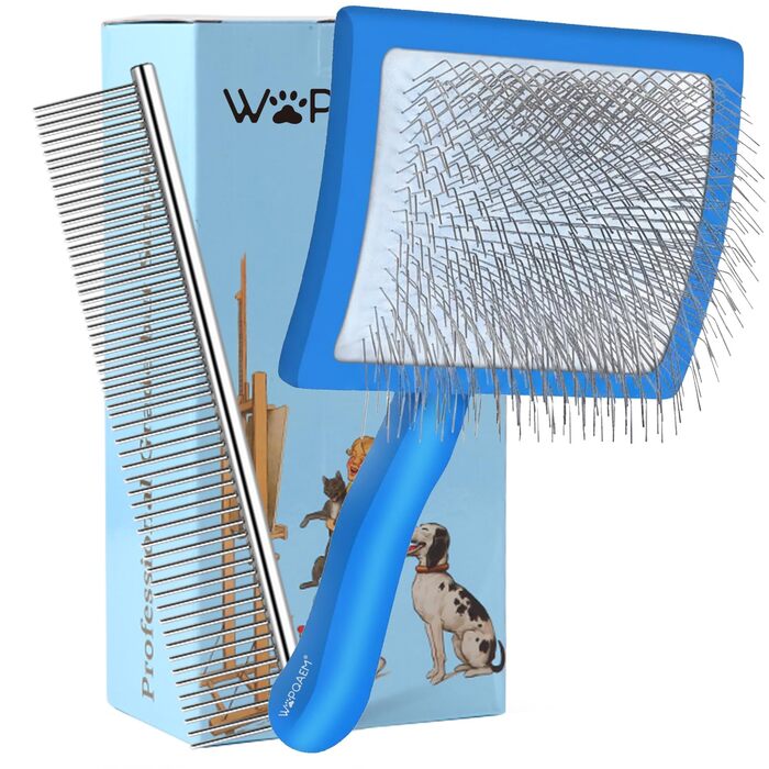 Гребінець для собак та котів Slicker з дерев'яною ручкою та довгими шпильками з нержавіючої сталі – видаляє підшерсток, ковтуни та вузли – з гребенем для догляду – для Голден Ретрівірів та Мейн Кунів – великий (синій)