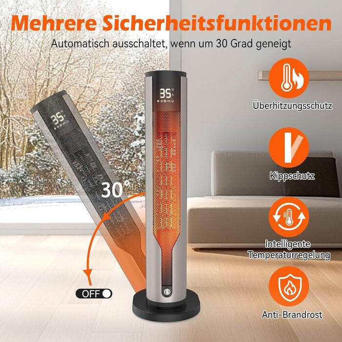 Електричний обігрівач 1500W з PTC керамічним нагрівачем, тихий 34 dB, термостат, таймер 12 год, захист від перегріву та перекидання. Ідеальний для спальні, з пультом дистанційного керування (сірий)