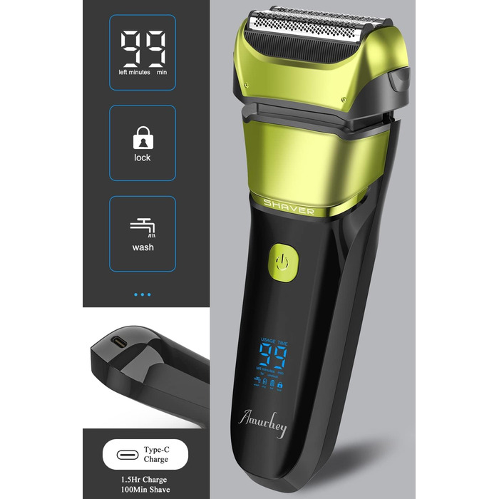Електричний чоловічий бритва та тример з 3 гнучкими лезами, акумуляторний, бездротовий, з чохлом для подорожей, для мокрого та сухого гоління, час роботи 100 хв, подарунок для чоловіка, колір: смарагдово-зелений
