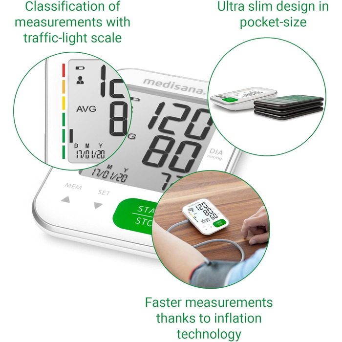 Тонометр Medisana BU 565 для вимірювання артеріального тиску на плечі, з пам'яттю, великим дисплеєм, шкалою-індикатором та функцією виявлення аритмії, без Bluetooth