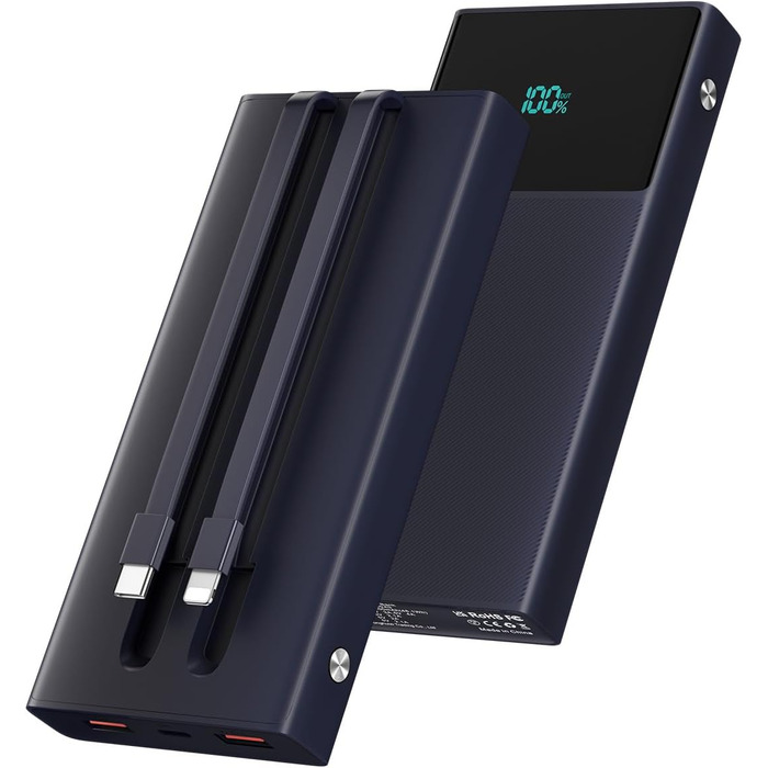 Портативний зарядний пристрій Power Bank 13000mAh з 2 вбудованими кабелями, LED-дисплеєм, підтримкою швидкої зарядки PD, сумісний з iPhone, Android та іншими пристроями (1 шт) - (Блакитний)