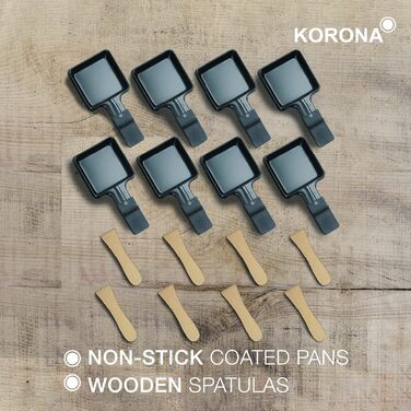 Електричний раклета-гриль Korona 45072 для 8 осіб, 2-в-1, 8 сковорідок і лопаток, антипригарні алюмінієві пластини, складаний корпус 90°/180°, довжина кабелю 2 м, чорний