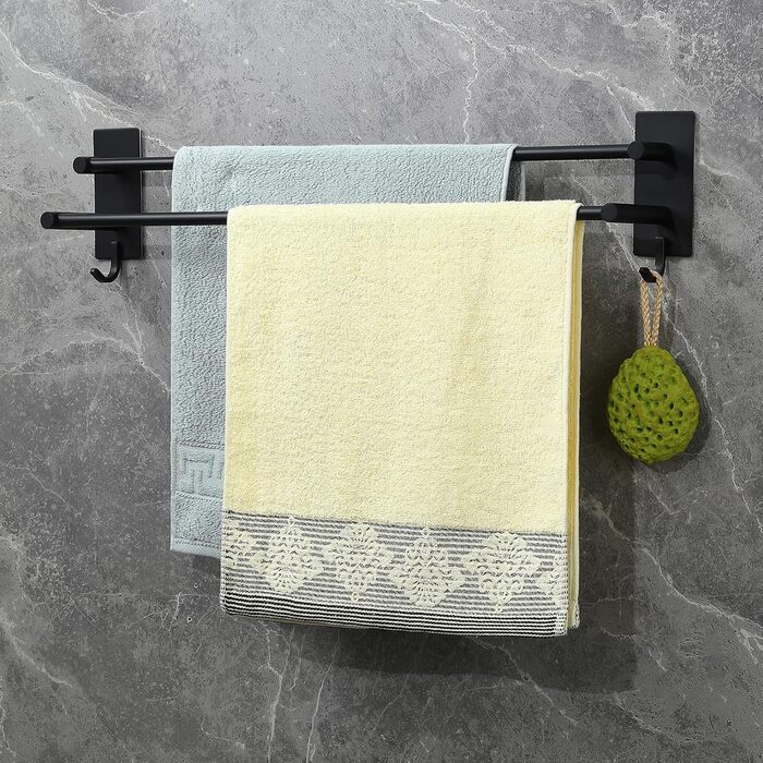 Тримач для рушників Vista без свердління, подвійний, 43.5 см, нержавіюча сталь, рушник-перекладина для ванної кімнати, самоклеючий, для ванної/кухні (60 см, чорний)