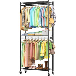 Стійка для одягу на колесах з полицями та гачками, металева, 84 x 31 x 202 см, чорна