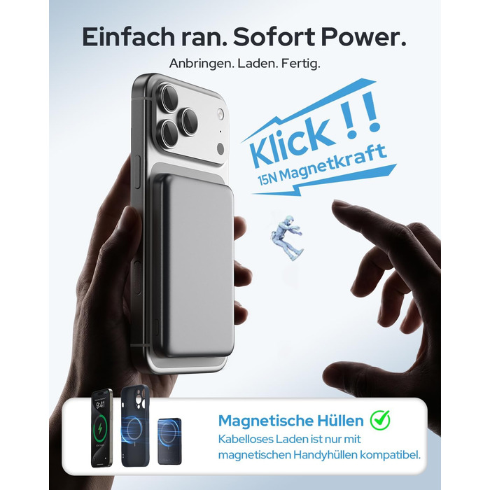 Powerbank MagSafe TRKOY Slim 5000mAh для iPhone: Кабельне та бездротове заряджання, USB-C, Зовнішній акумулятор сірого кольору