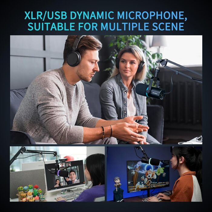 FEELWORLD PM1 Динамічний мікрофон XLR/USB з RGB-підсвічуванням для запису подкастів, геймінгу та YouTube. Комплект з підсвічуванням, навушником, підставкою та XLR-кабелем