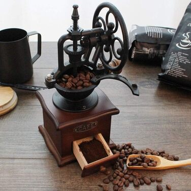 Manual Coffee Grinder, Antique Cast Iron Hand Crank Coffee Grinder with Grinding, Settings & Catch Drawer.