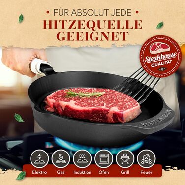 Чавунна сковорода-гриль Krustenzauber 26 см з індукційним дном та двома ручками - рифлена сковорода для смаження, ідеальна для індукційних плит