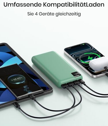 Power Bank A ADDTOP 20000mAh 22.5W: Зовнішній акумулятор для телефону з USB-C, портативний зарядний пристрій 4-в-1, зелений
