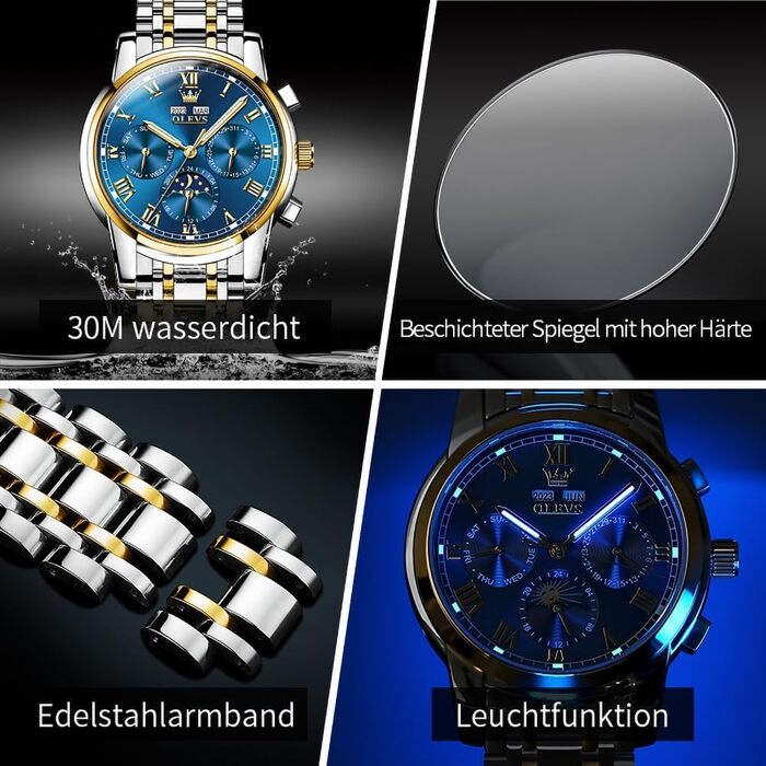 Чоловічий механічний годинник OLEVS з автопідзаводом, золотисто-сріблястий сталевий браслет, синій циферблат, фаза місяця, водонепроникний, люкс бізнес-стиль (6692)