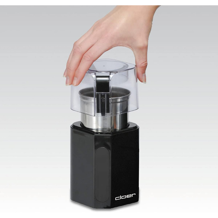 Cloer 7580 Electric Coffee and Spice Grinder, 200 W, for Pesto, Nuts and Grains, up to 70 g Coffee Beans, Removable Stainless Steel Container, Black