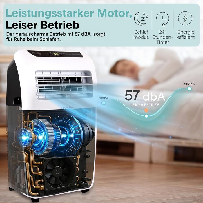 Мобільний кондиціонер SereneLife 9000 BTU з виносним шлангом. 3-в-1: кондиціонер, вентилятор, осушувач повітря. Підходить для кімнат до 42 м². Білий.