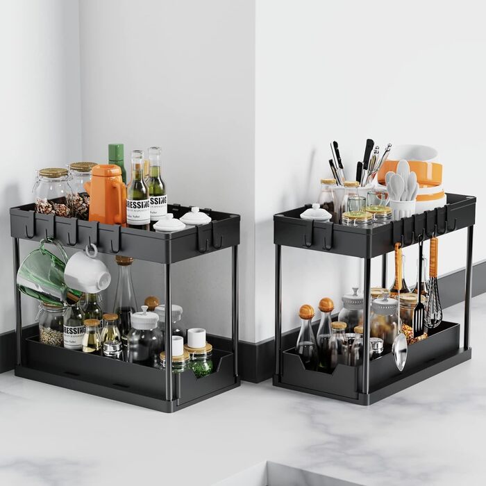 Dish Cabinet Organizer - 2 Pack Under Sink Shelf Organizer - Pull Out Storage Shelf Organizer with 16 Hooks, Black