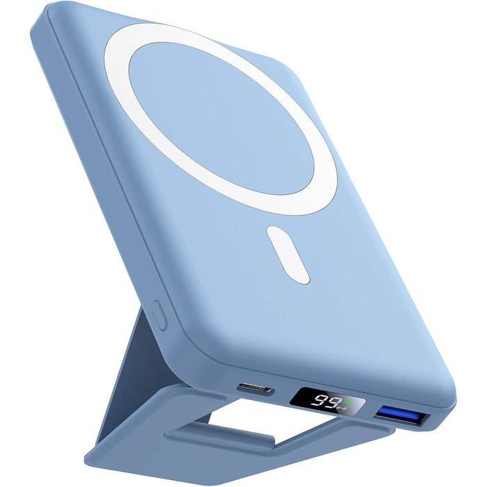 Power Bank AOGUERBE 10000mAh з LED дисплеєм та магнітною зарядкою PD 22.5W для iPhone (MagSafe) - білий/блакитний