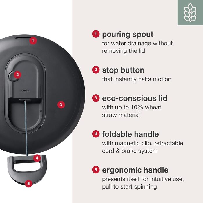 Салатозламач Zyliss Easy Spin з нержавіючої сталі, 6 л, з мотузковим приводом, миска для салатів з кришкою, BPA-free, неслизьке дно, AquaVent™-технологія, кнопка стоп, придатний для миття в посудомийній машині