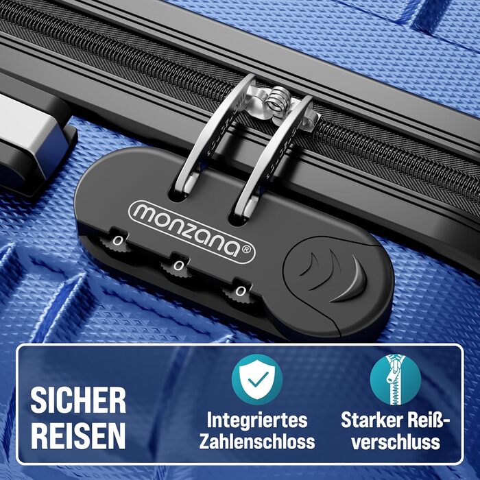 Набір валіз MONZANA® 4шт з органайзером, вагами, ременем, гелевими ручками, колесами та підставкою. Чотири розміри (S, M, L, XL). Валіза-тролей, жорсткий корпус, блакитний колір.