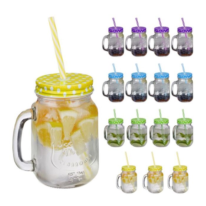 Relaxdays Colorful Drinking Glasses with Lids - Set of 16