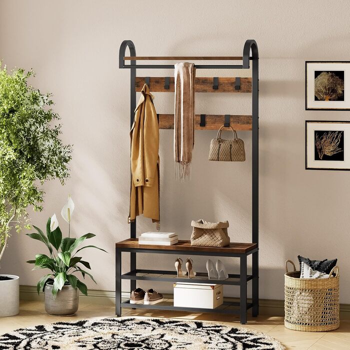 HOOBRO Coat Rack, Wardrobe Rack, Shoe Shelf with Seating, Clothes Rack with 9 Hooks, Bench, Clothes Rail, 182 cm High, Entrance Hall, Living Room, Metal Frame, Vintage Brown-Black EBF13MT01