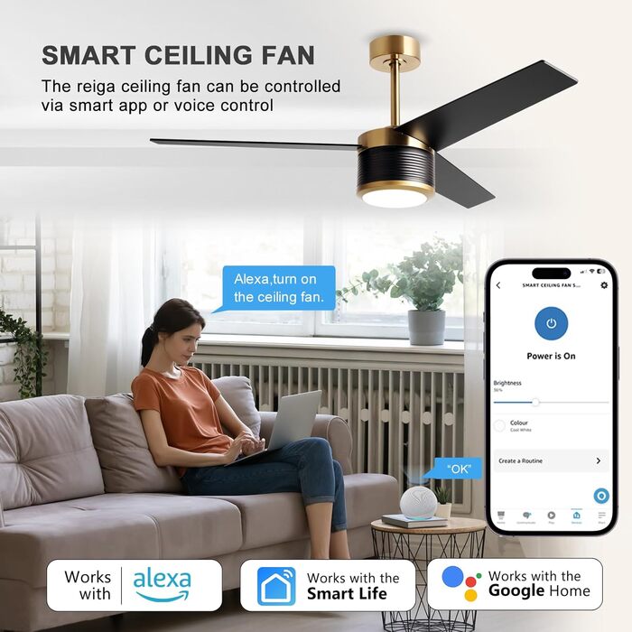 Стеляний вентилятор Reiga з підсвічуванням, 165 см, масивне дерево для зовнішнього використання IP44, регульована LED-лампа та DC-двигун, сумісний з Alexa & Google Home з пультом дистанційного керування (Чорний, Дерев'яний)